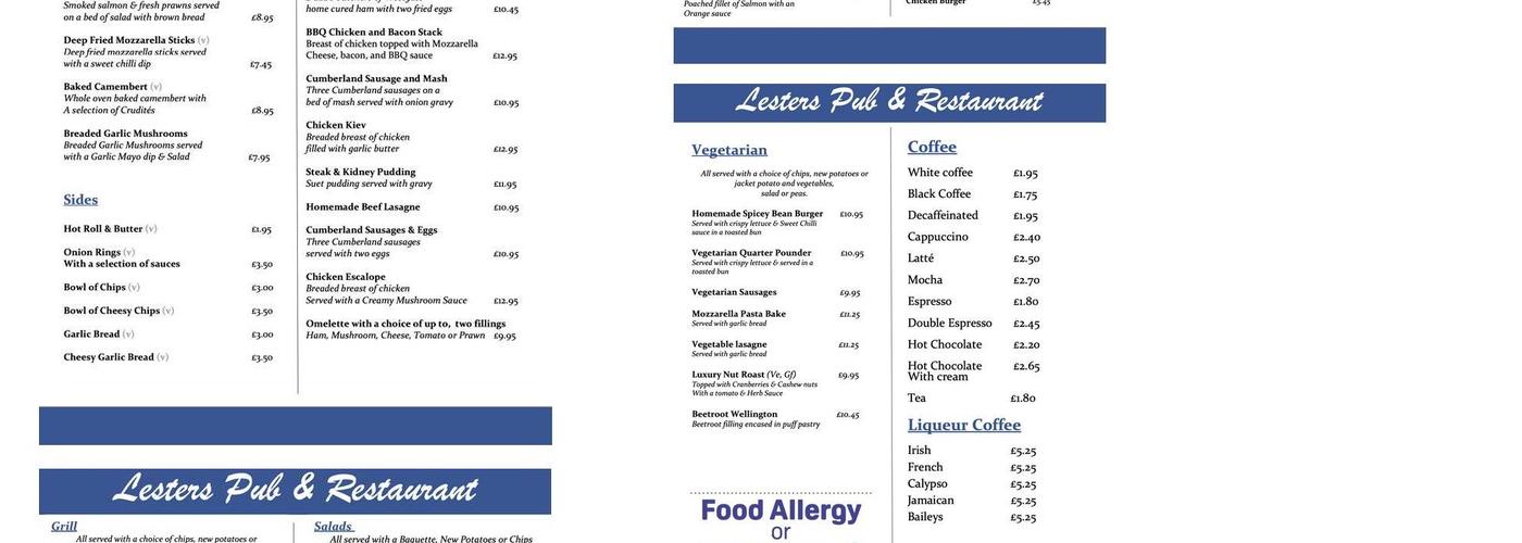 Lesters Family Pub and Restaurant Menu