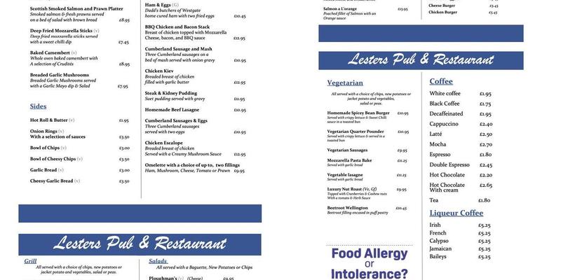 Lesters Family Pub and Restaurant Menu