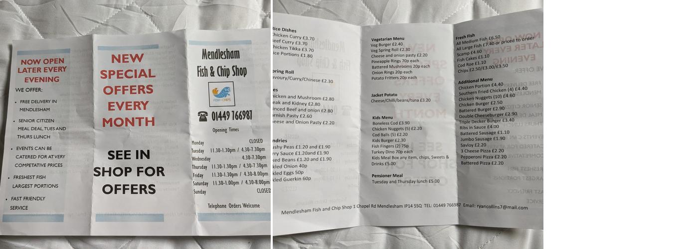 Mendlesham Fish & Chip Shop Menu