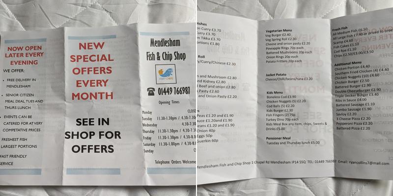 Mendlesham Fish & Chip Shop Menu