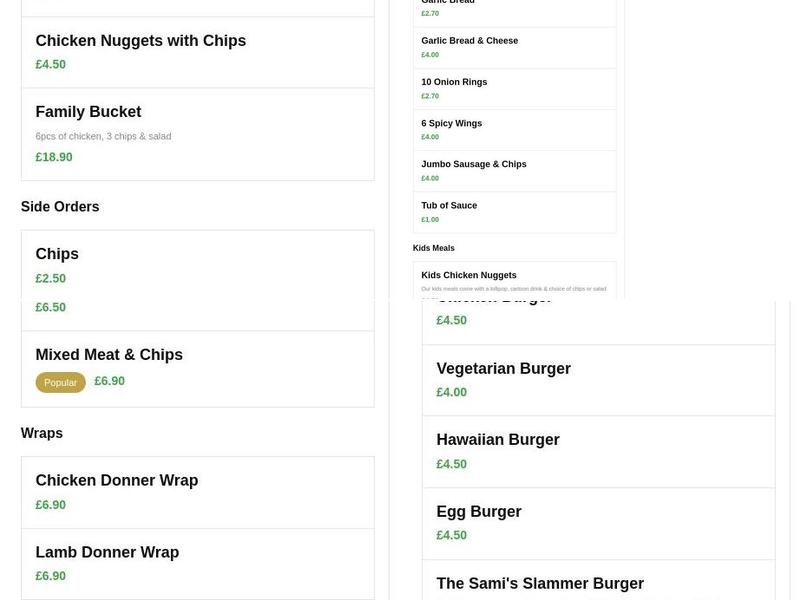 Sami's Merthyr Kebab House Menu