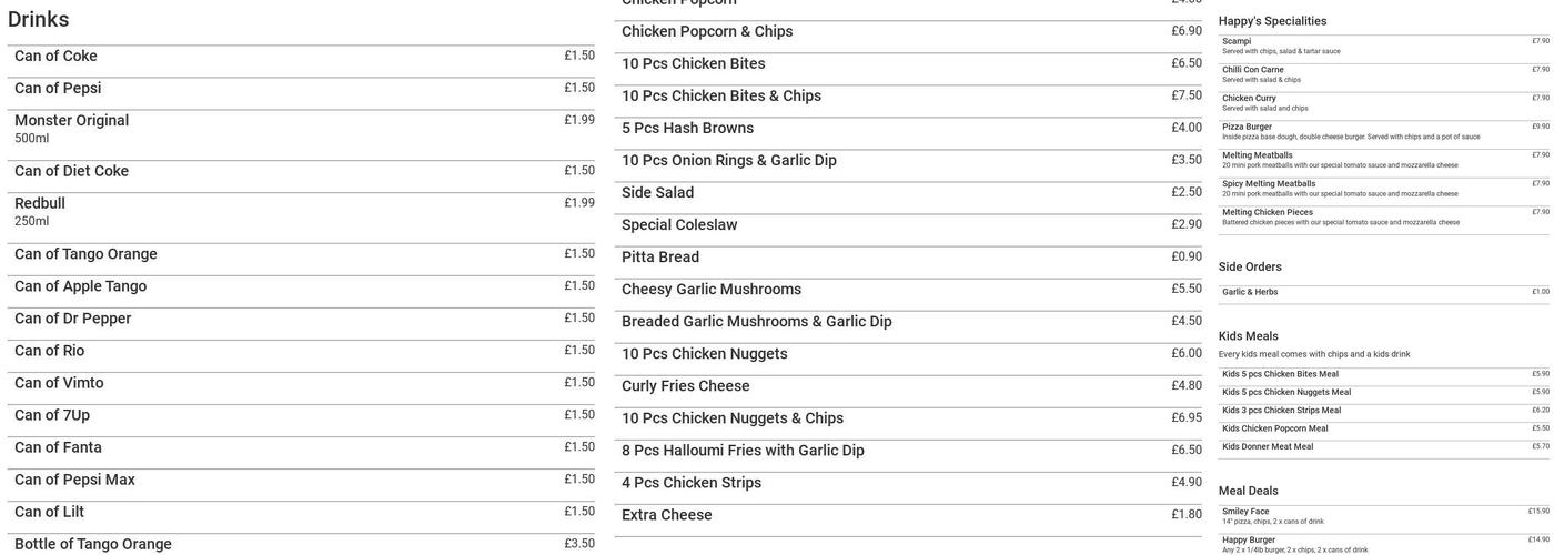 Happy Pizza & Burger Menu