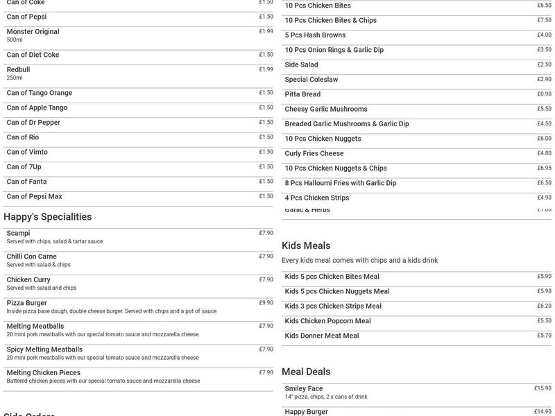 Happy Pizza & Burger Menu