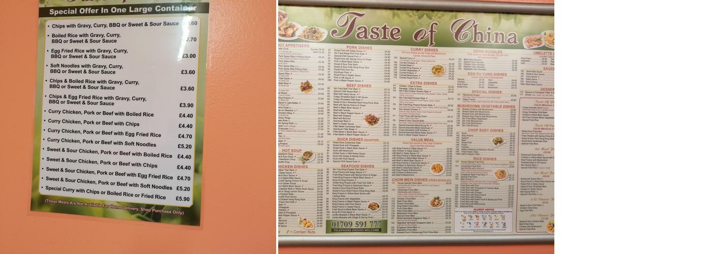 Taste Of China - Rotherham Menu