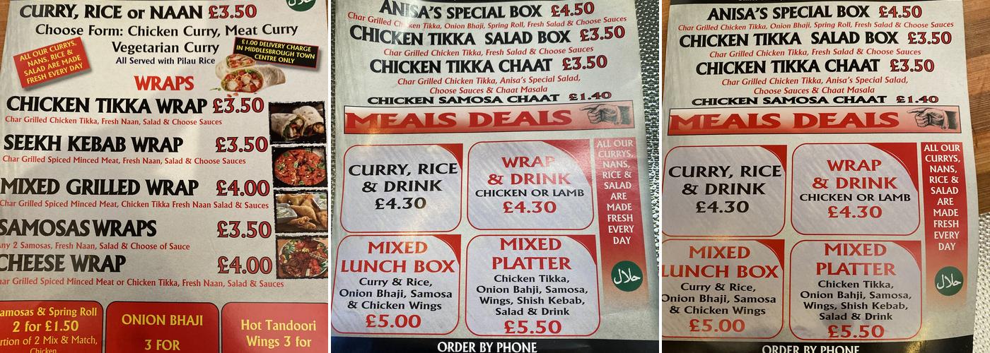 Anisa's Curry In A Hurry Menu