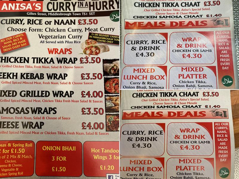 Anisa's Curry In A Hurry Menu