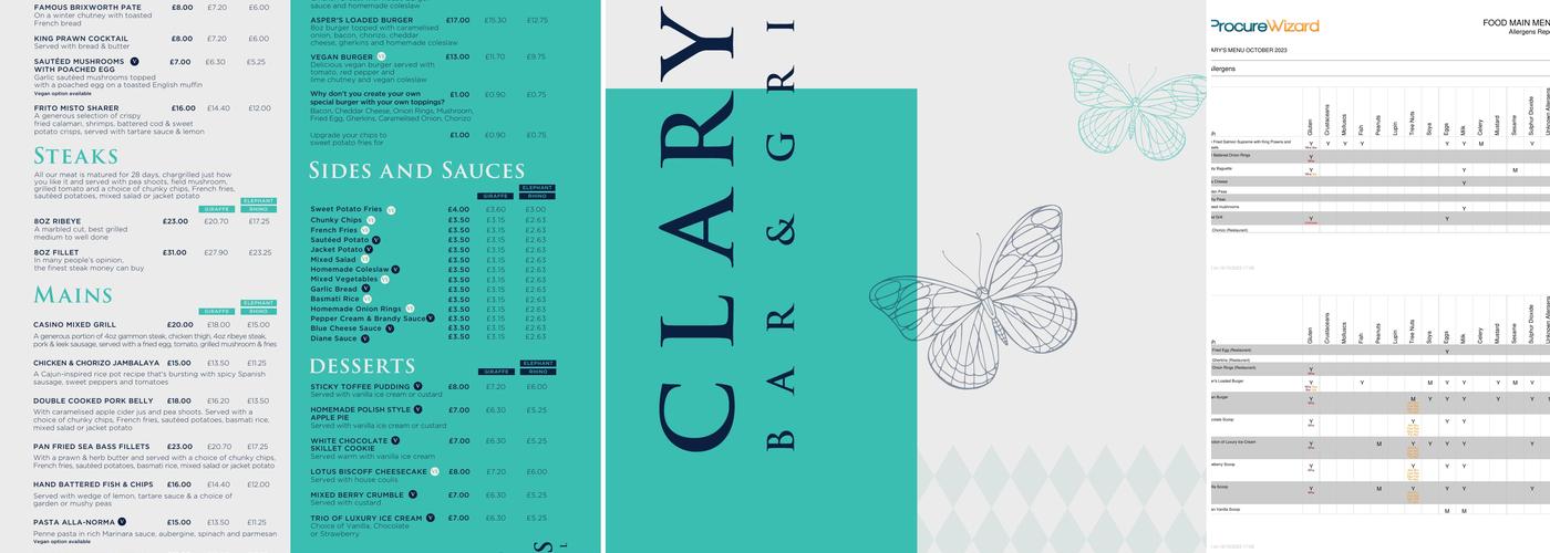 Clary's Bar And Grill Menu