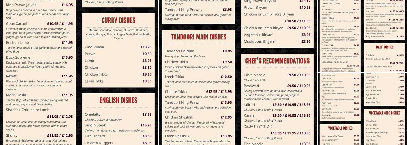 Taj mahal minehead Menu