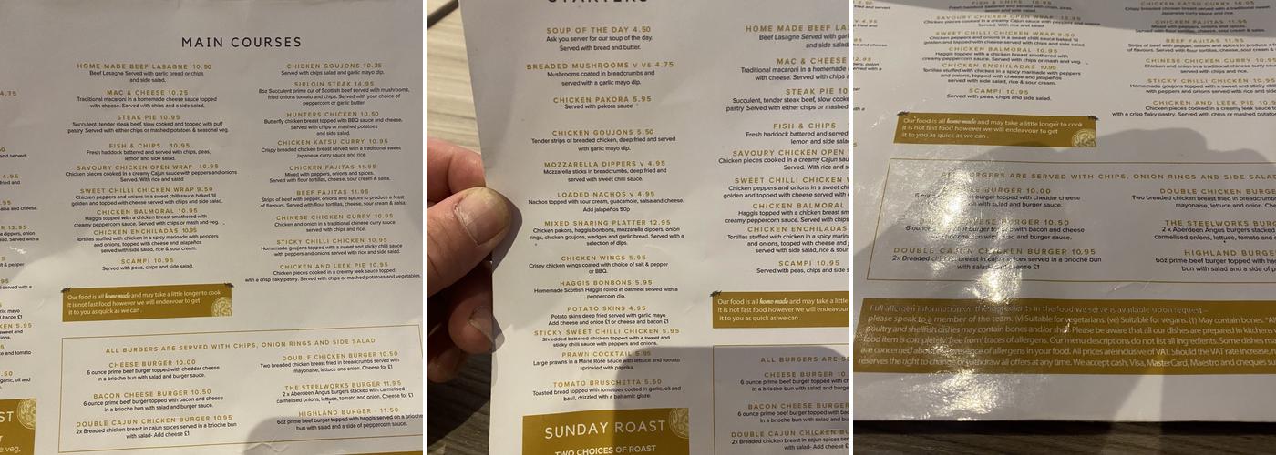 The Steelworks Bar & Grill Menu