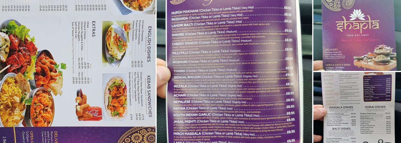 Shapla Take-Eat-Away Menu