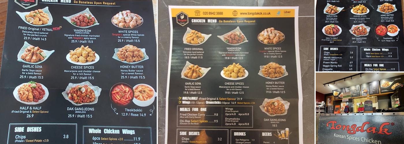 Tongdak (Korean Chicken) Menu