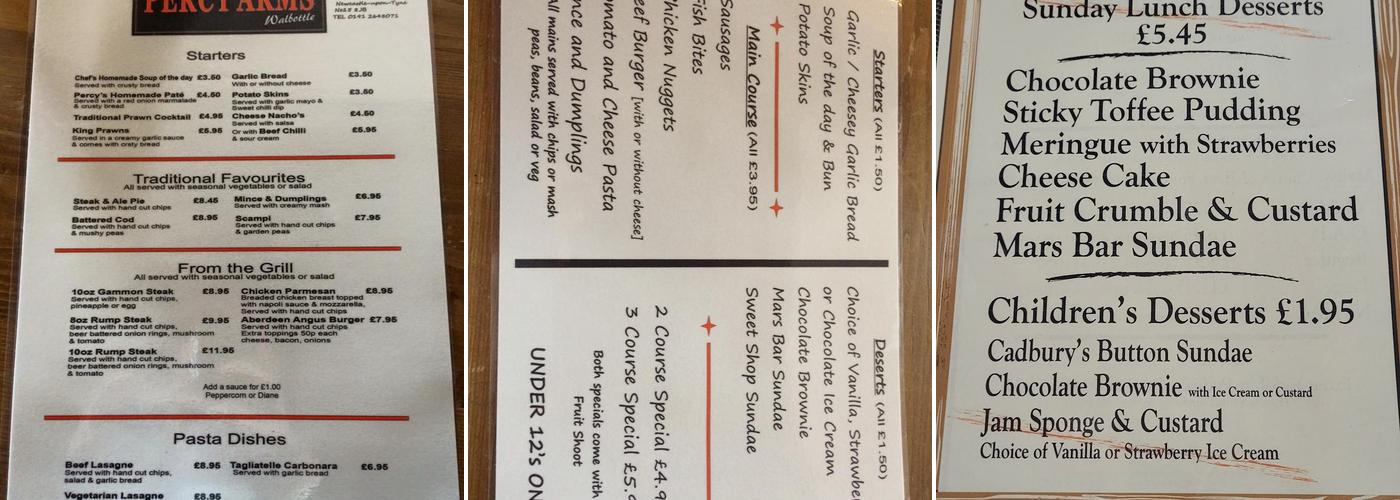 The Percy Arms Walbottle Menu