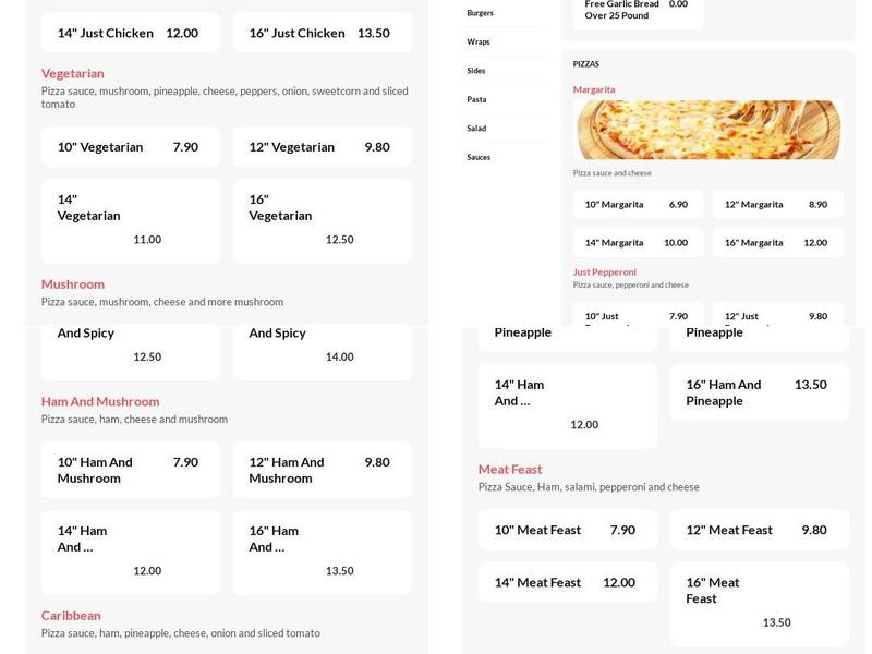 Fred's Pizzas Menu