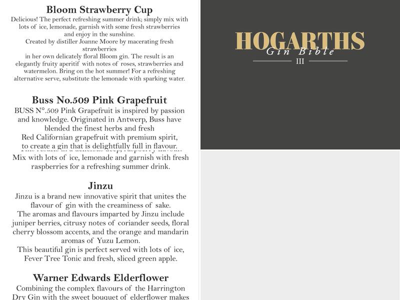 Hogarths Gin Palace Menu