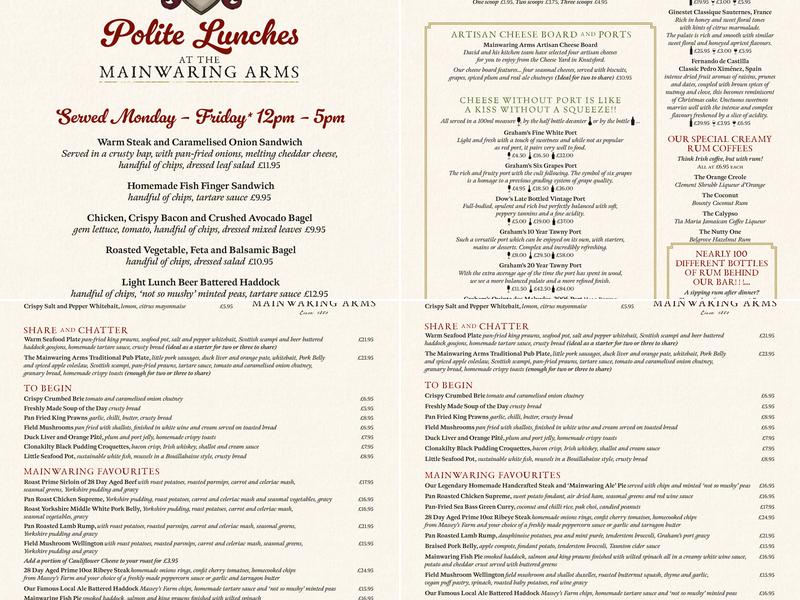 Mainwaring Arms Menu