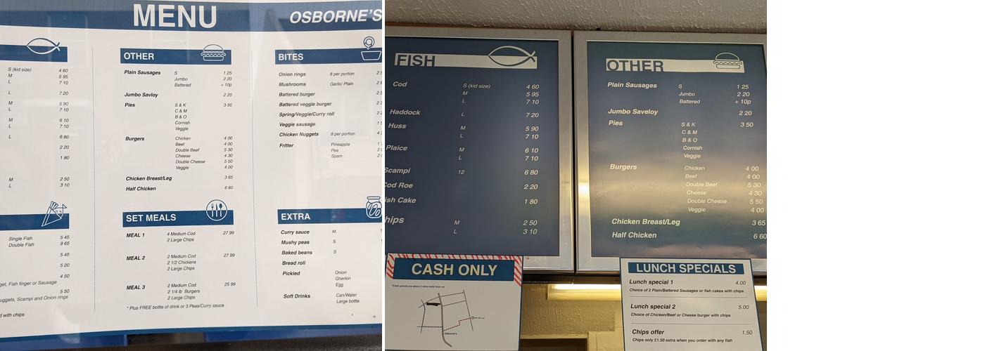 Osborne's Fish and Chips Menu