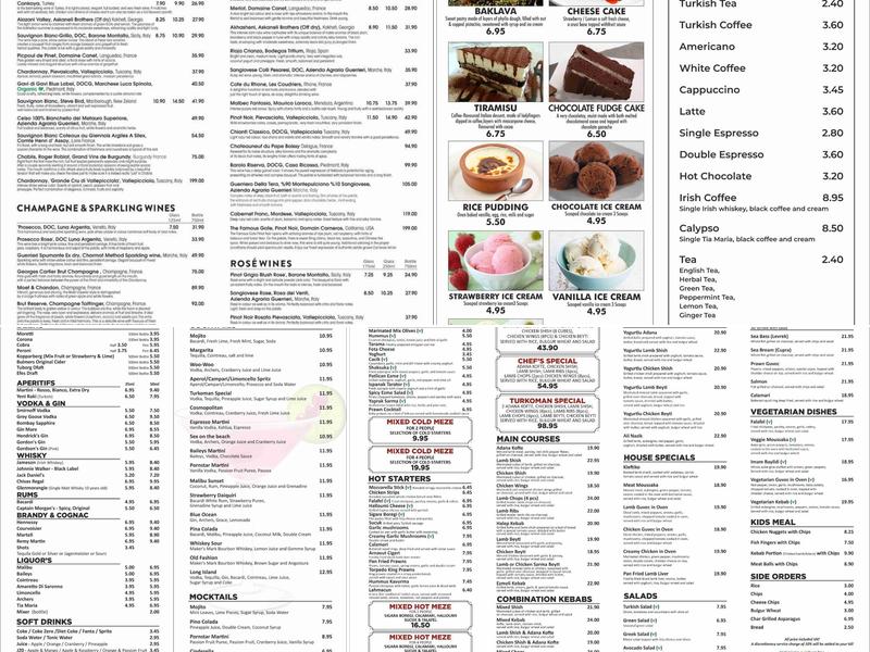 Turkoman Bar and Grill Menu