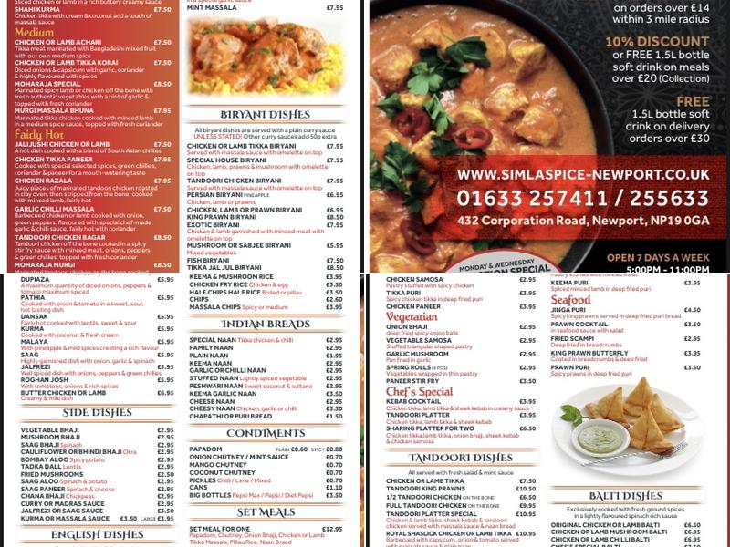 Simla Spice Menu