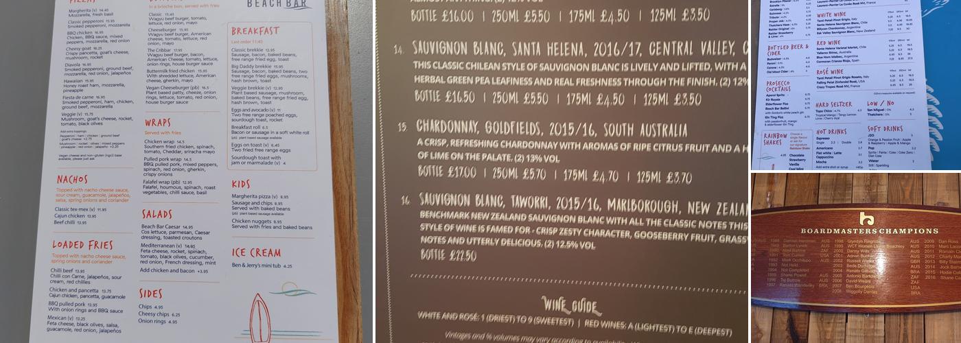 Fistral Beach Bar Menu