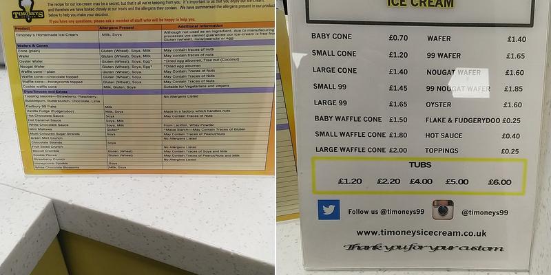 Timoneys Ice Cream Menu