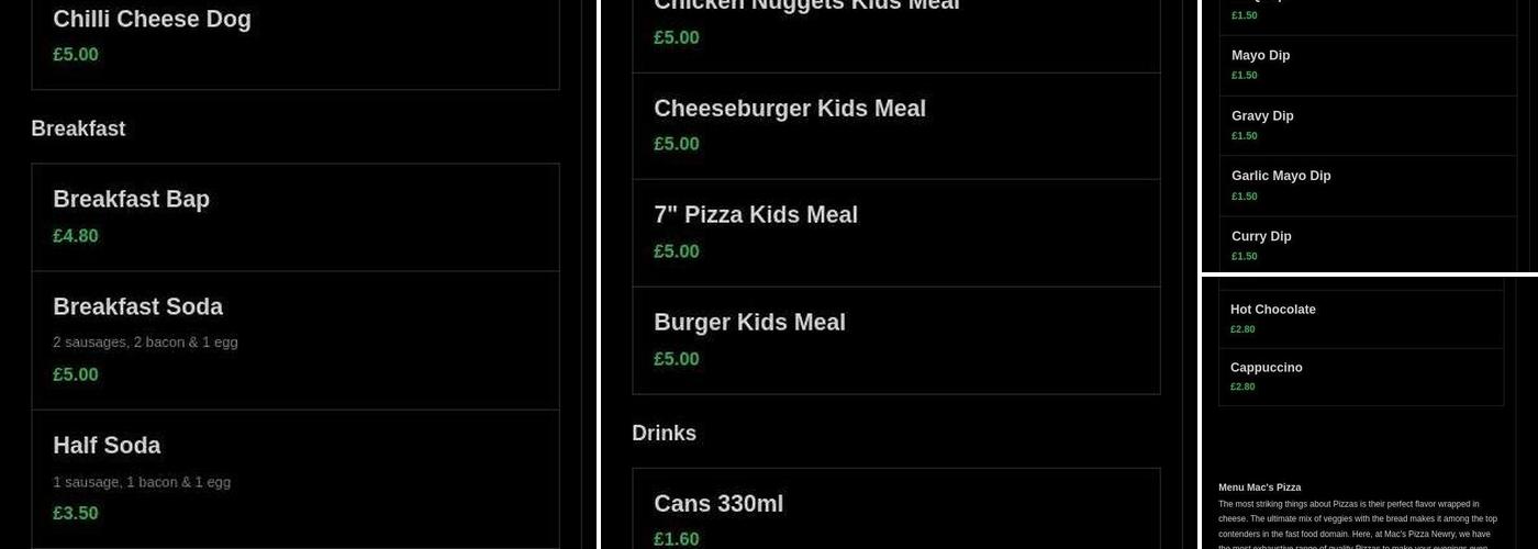 Macs Pizza ltd Menu