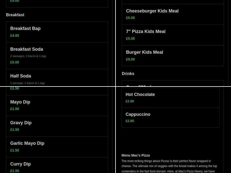 Macs Pizza ltd Menu