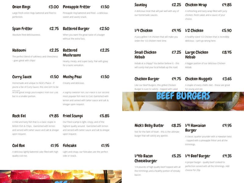 Nick's Plaice Menu