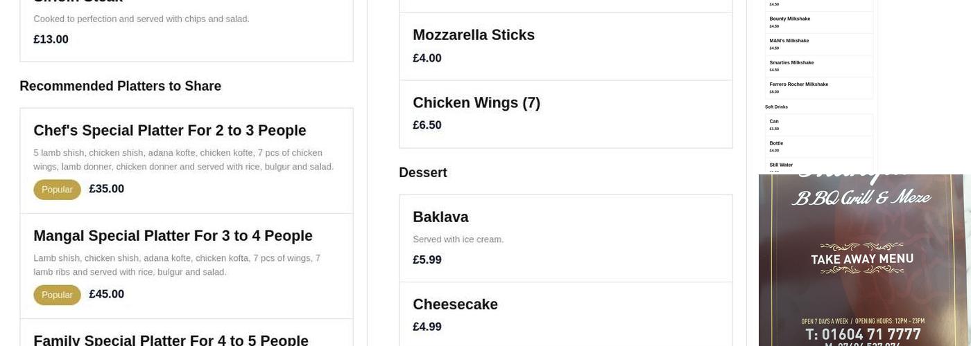 Mangal Turkish Kitchen Northampton Menu