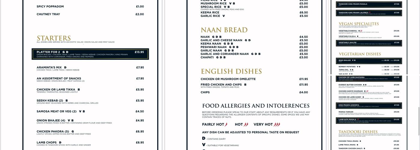 Aramintas Northampton Menu