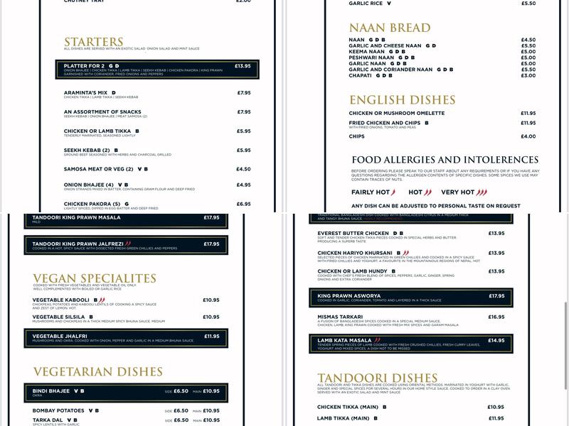 Aramintas Northampton Menu