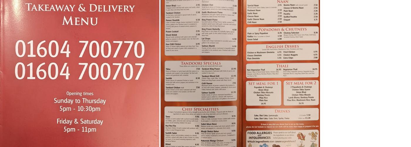 Khybar Tandoori Menu