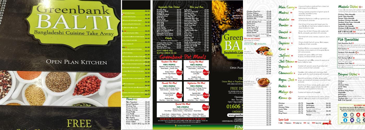 Greenbank Balti Menu