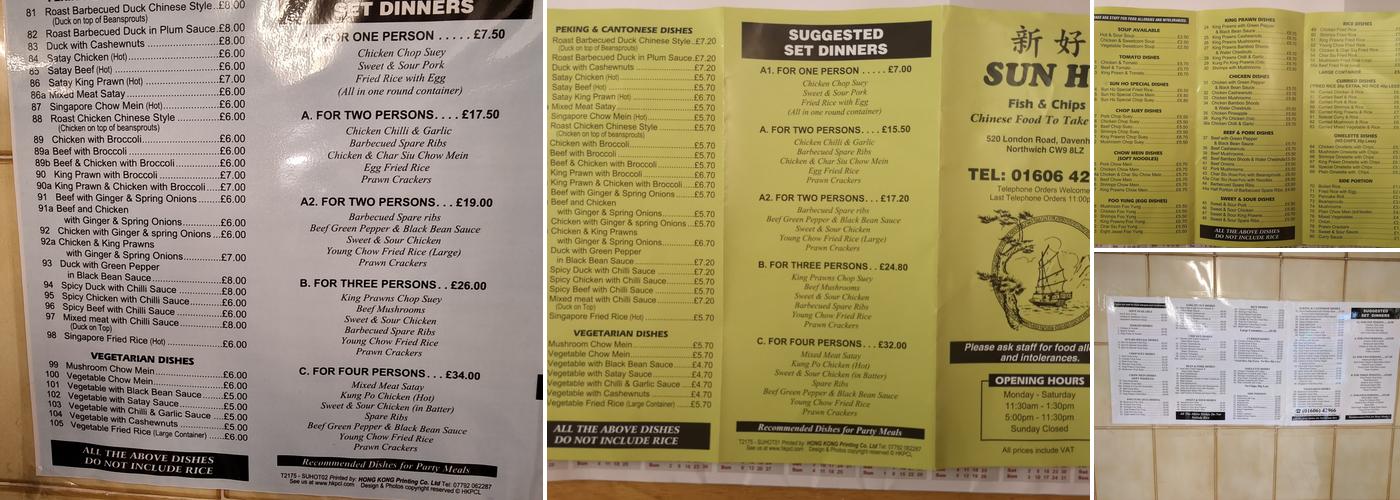Sunho Fish Chips & Chinese Takeaway Menu