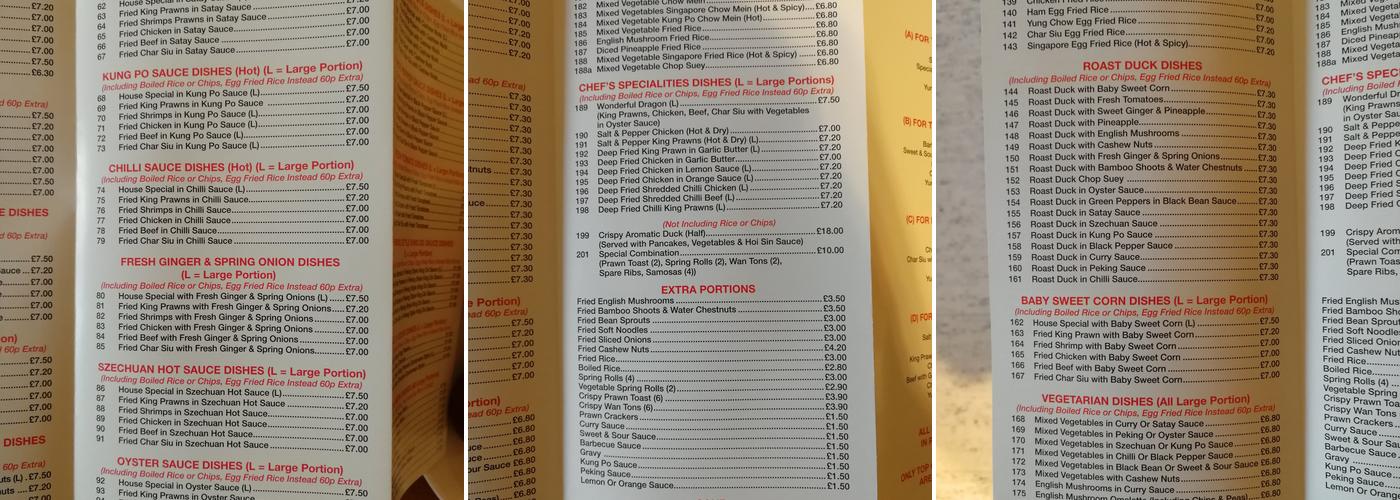Mowden Chinese Take Away Menu