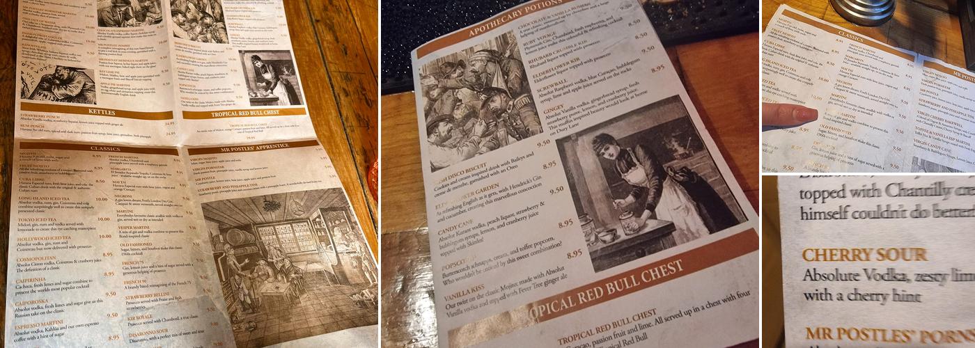 Mr Postles' Apothecary Menu
