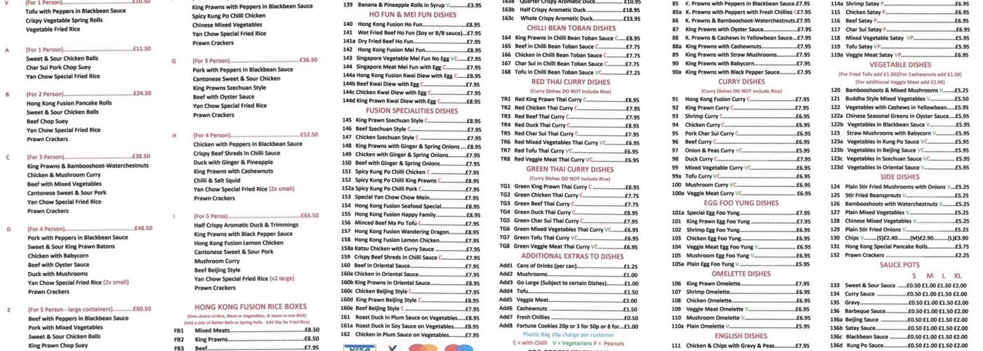 Hong Kong Fusion Takeaway Menu