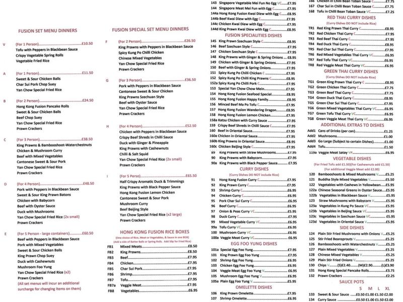Hong Kong Fusion Takeaway Menu
