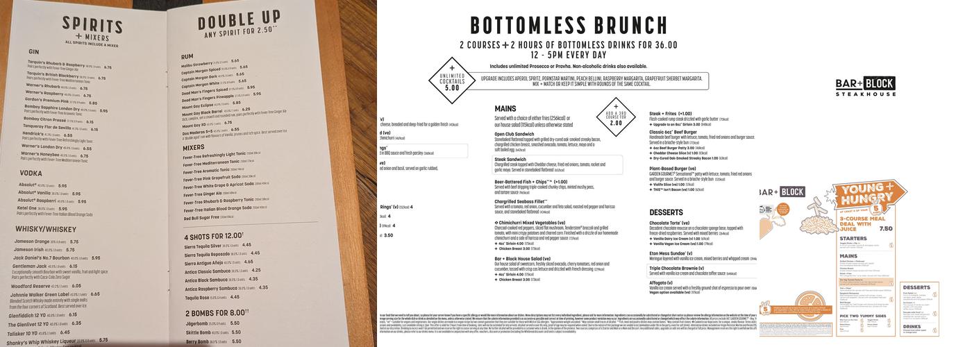 Bar + Block Steakhouse Nottingham Menu
