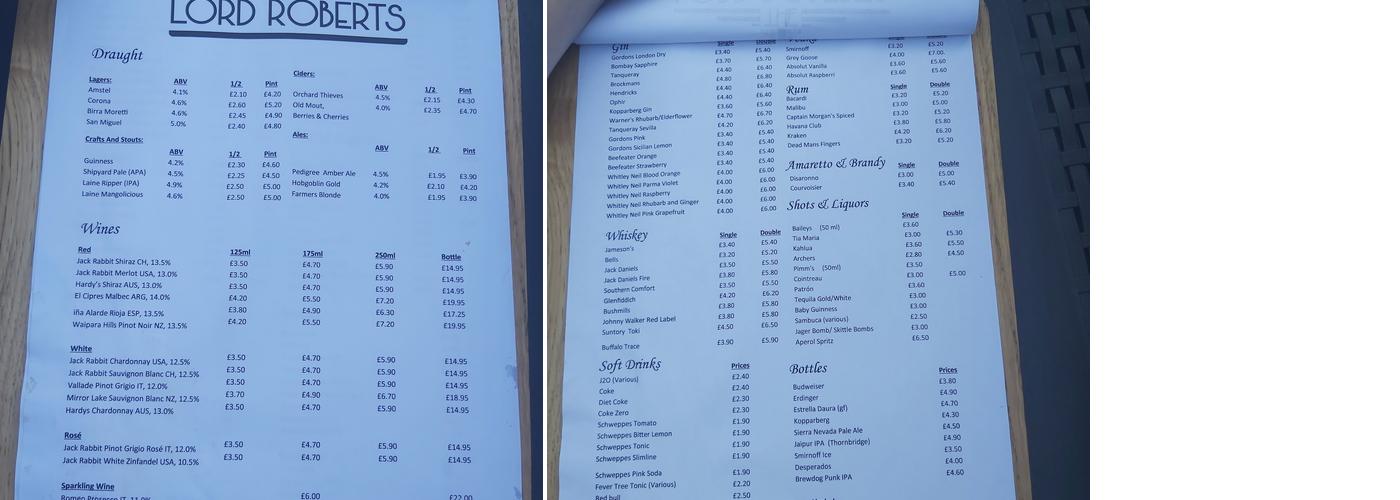 The Lord Roberts Menu