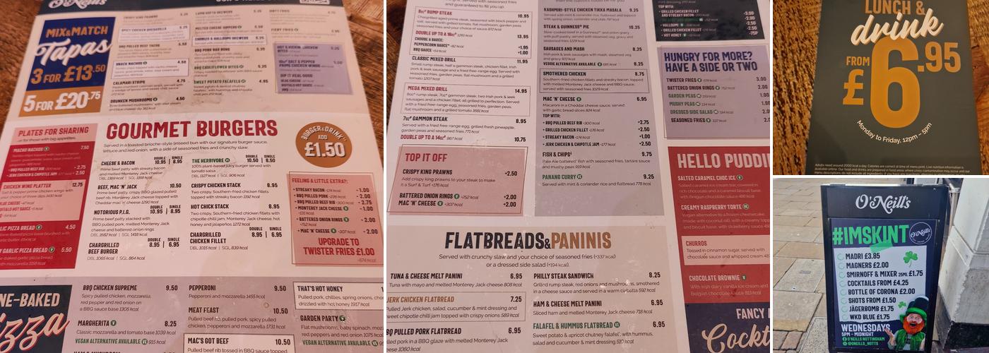 O'neill's Market Square Nottingham Menu