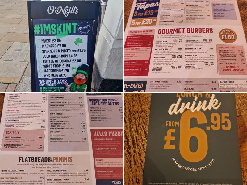 O'neill's Market Square Nottingham Menu