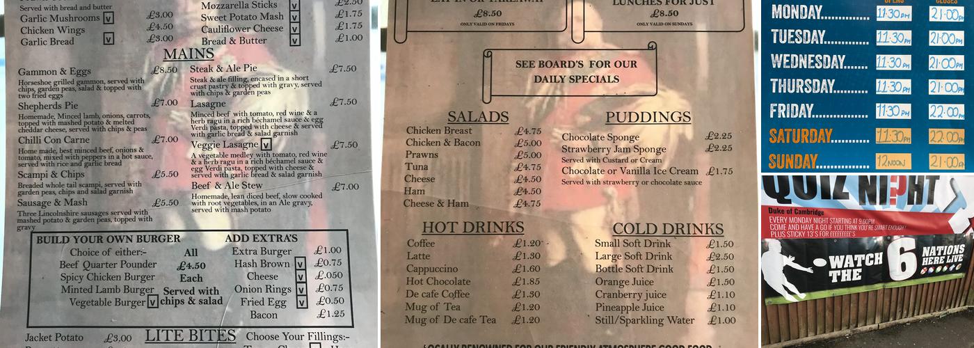 Duke Of Cambridge Menu