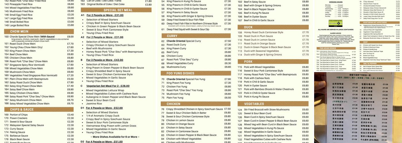 Charde Oriental Restaurant Menu