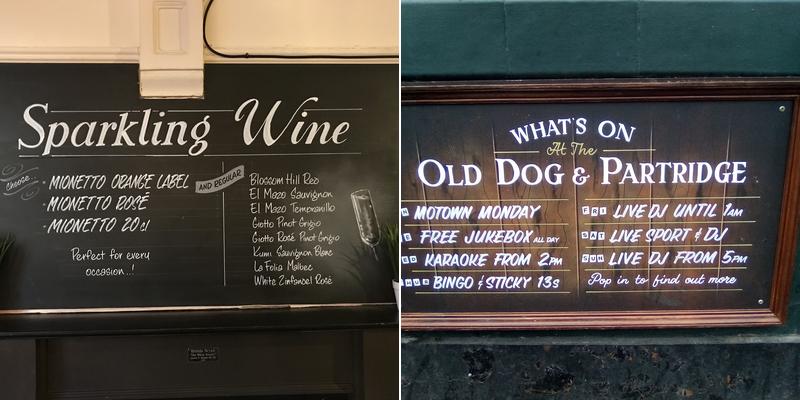 Old Dog & Partridge Menu
