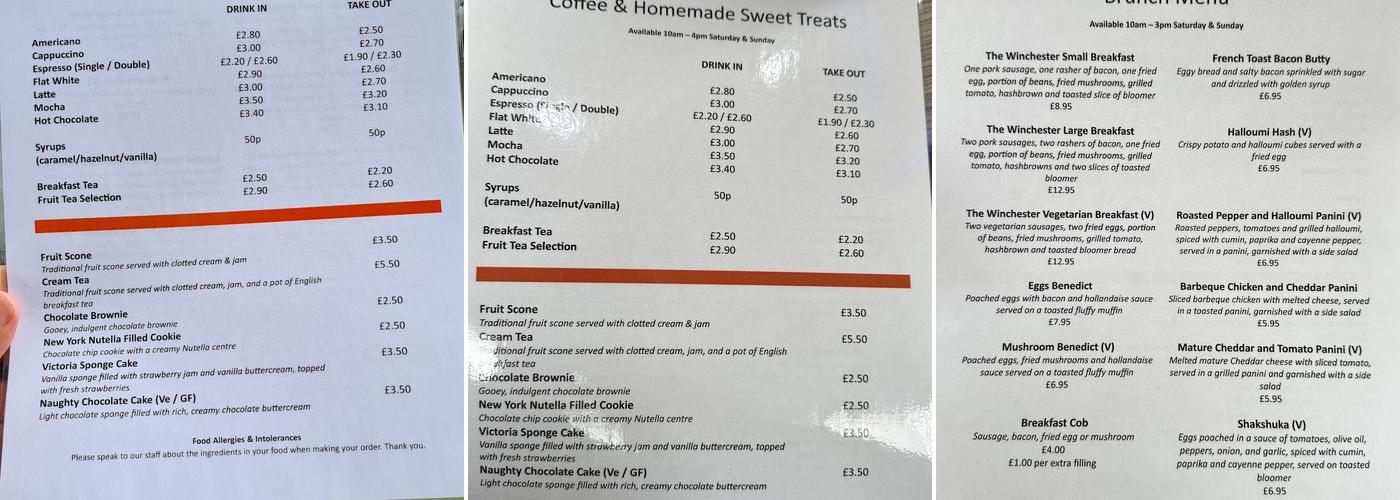The Winchester Bar & Coffee Shop, Sherwood Menu