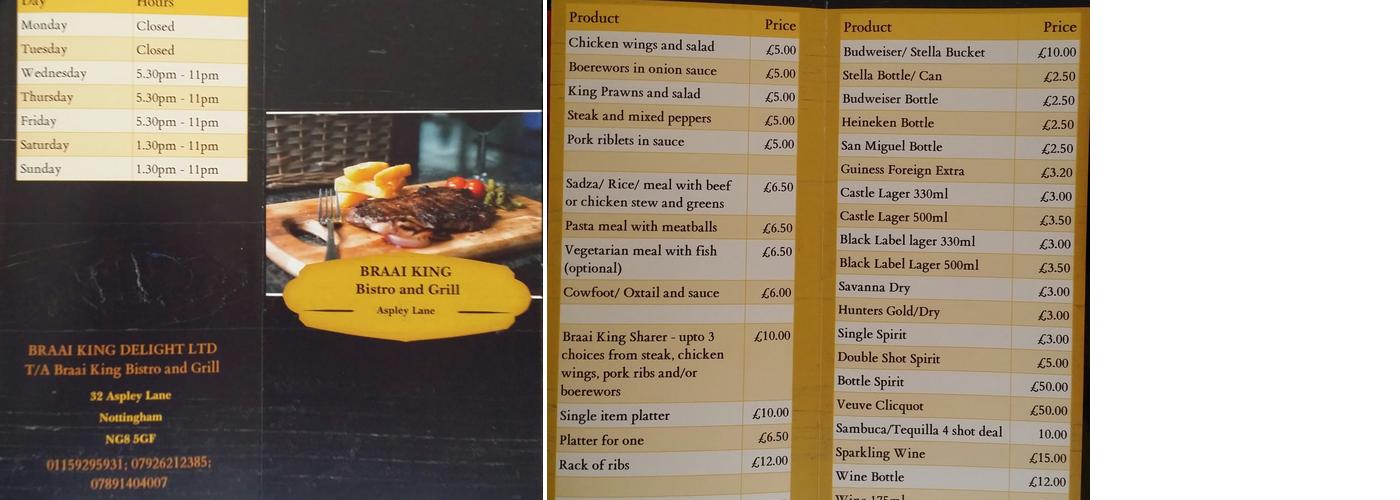 Braai King Bistro And Grill Menu