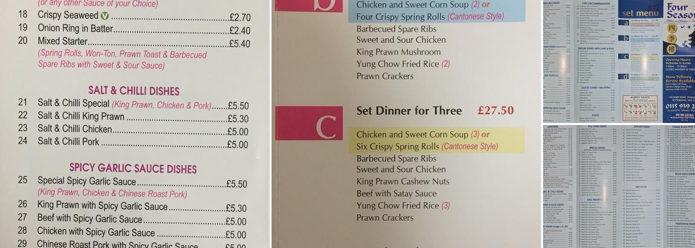 Four Seasons Chinese Take Away Menu