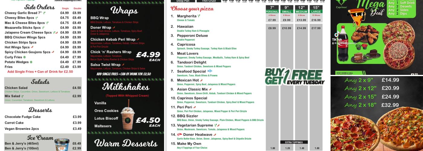 Caprinos Pizza Stapleford, Nottingham Menu