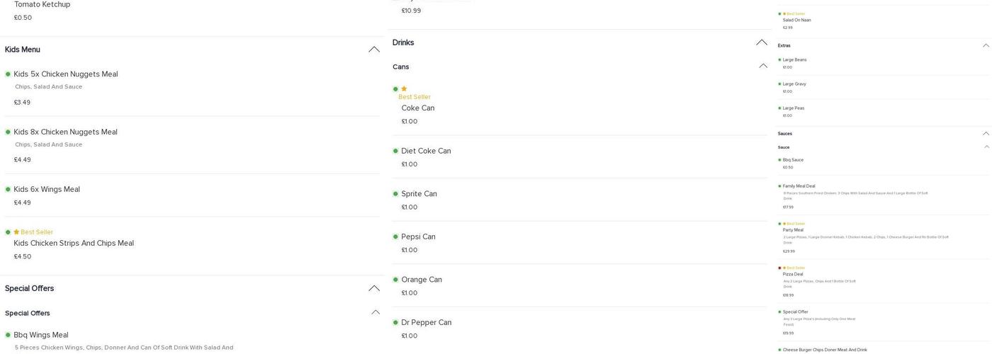 Shah's Fast Food Menu