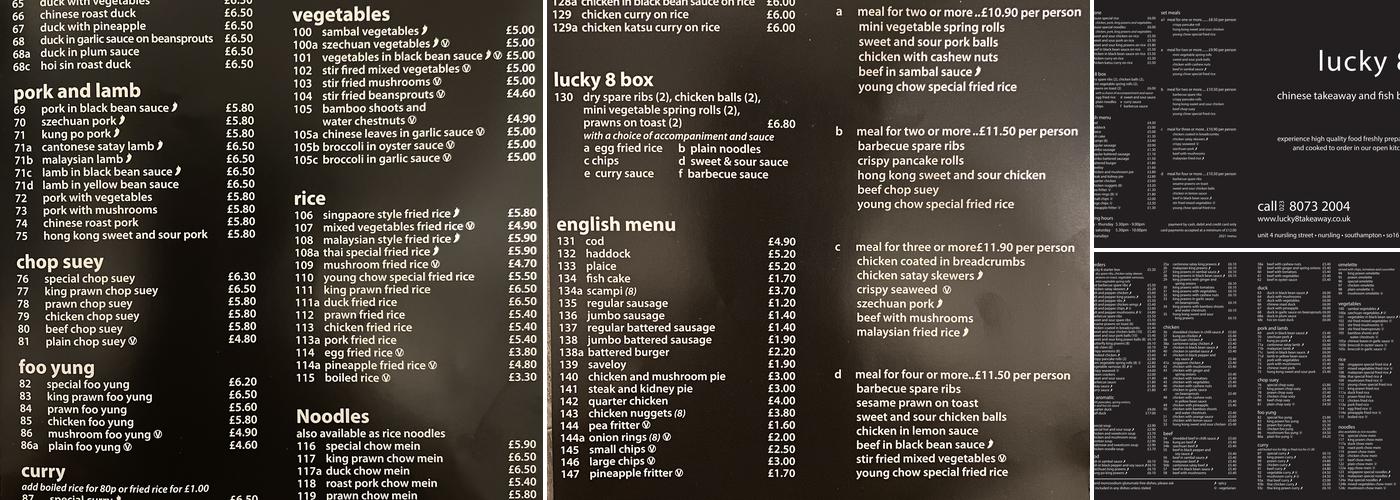 Lucky 8 Menu
